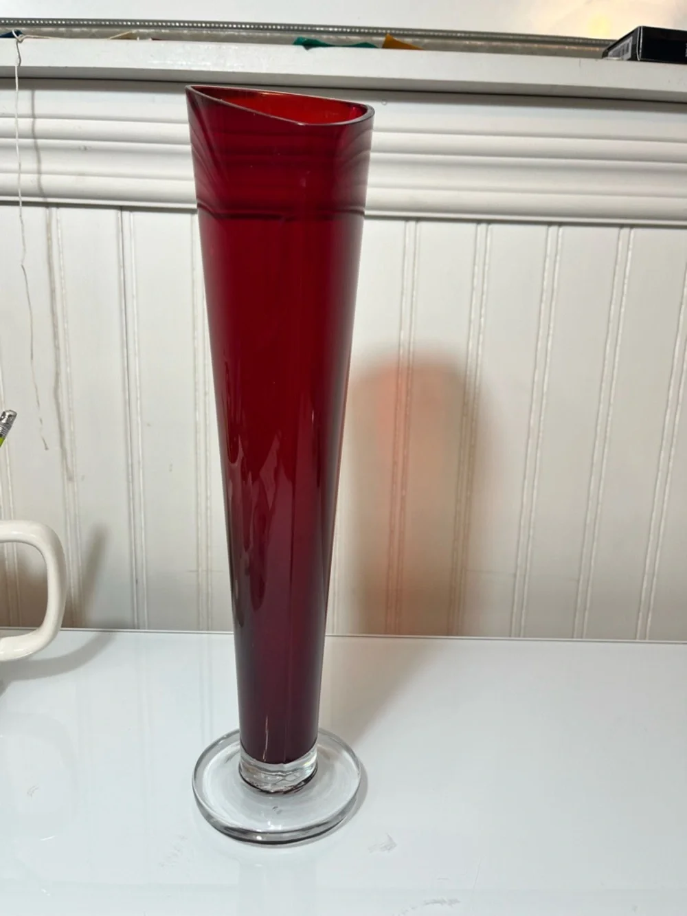 Vintage Ruby Red Art Glass Vase Triangular Asymmetrical MCM Clear Pedestal 13